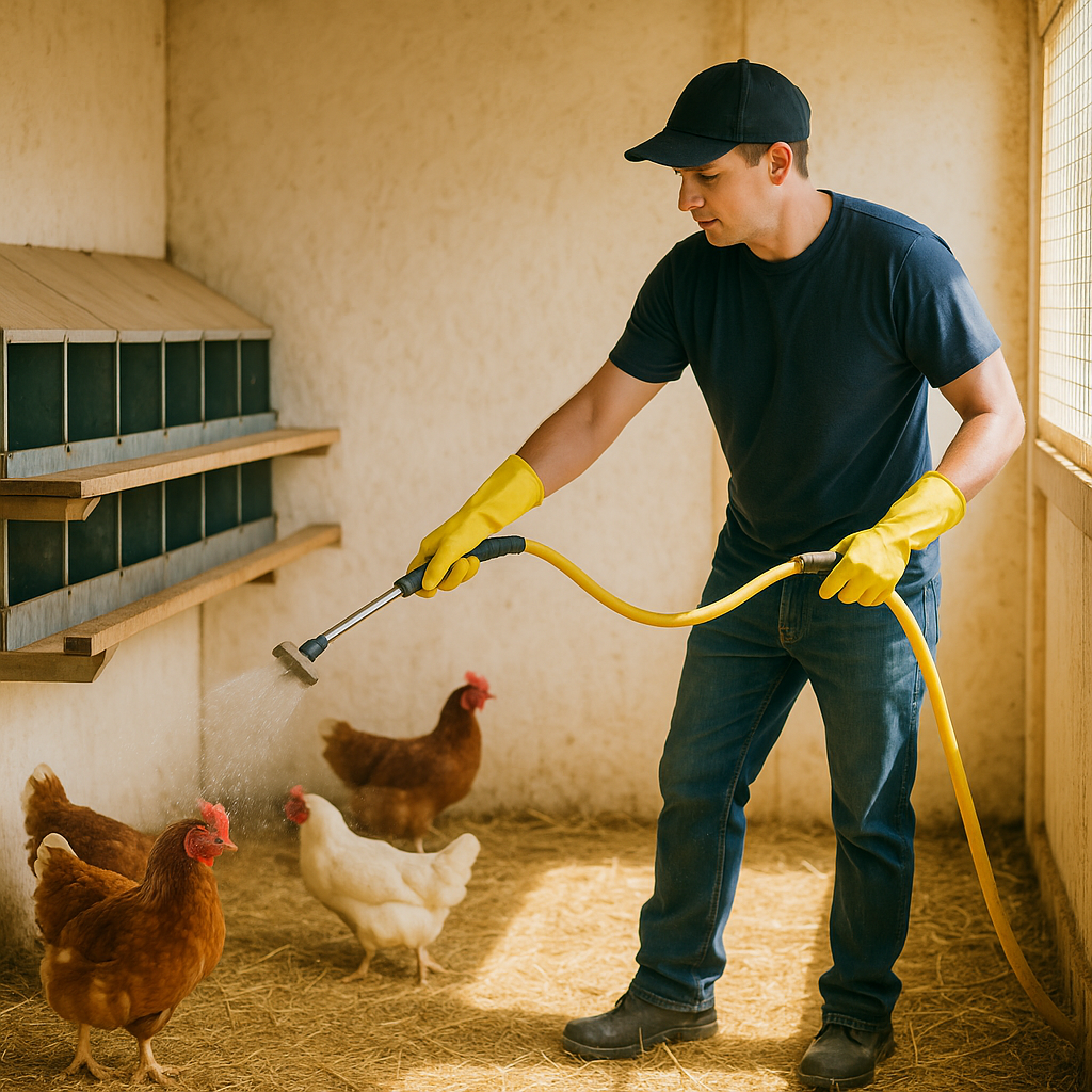 Worker disinfecting coop