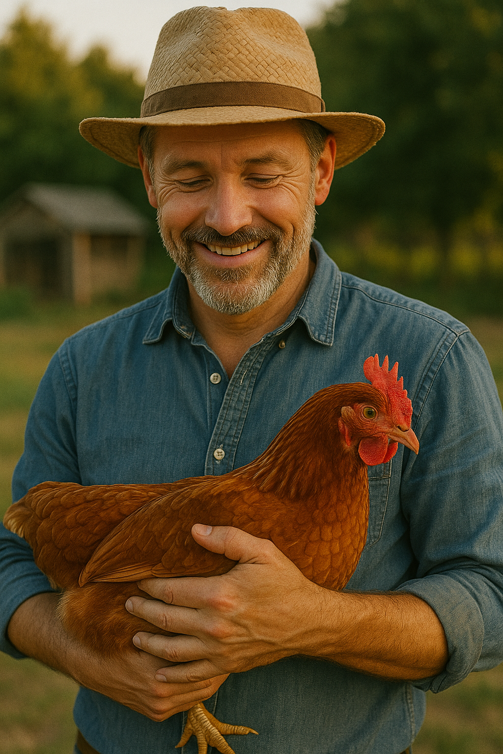 Smiling farmer holding a fowl