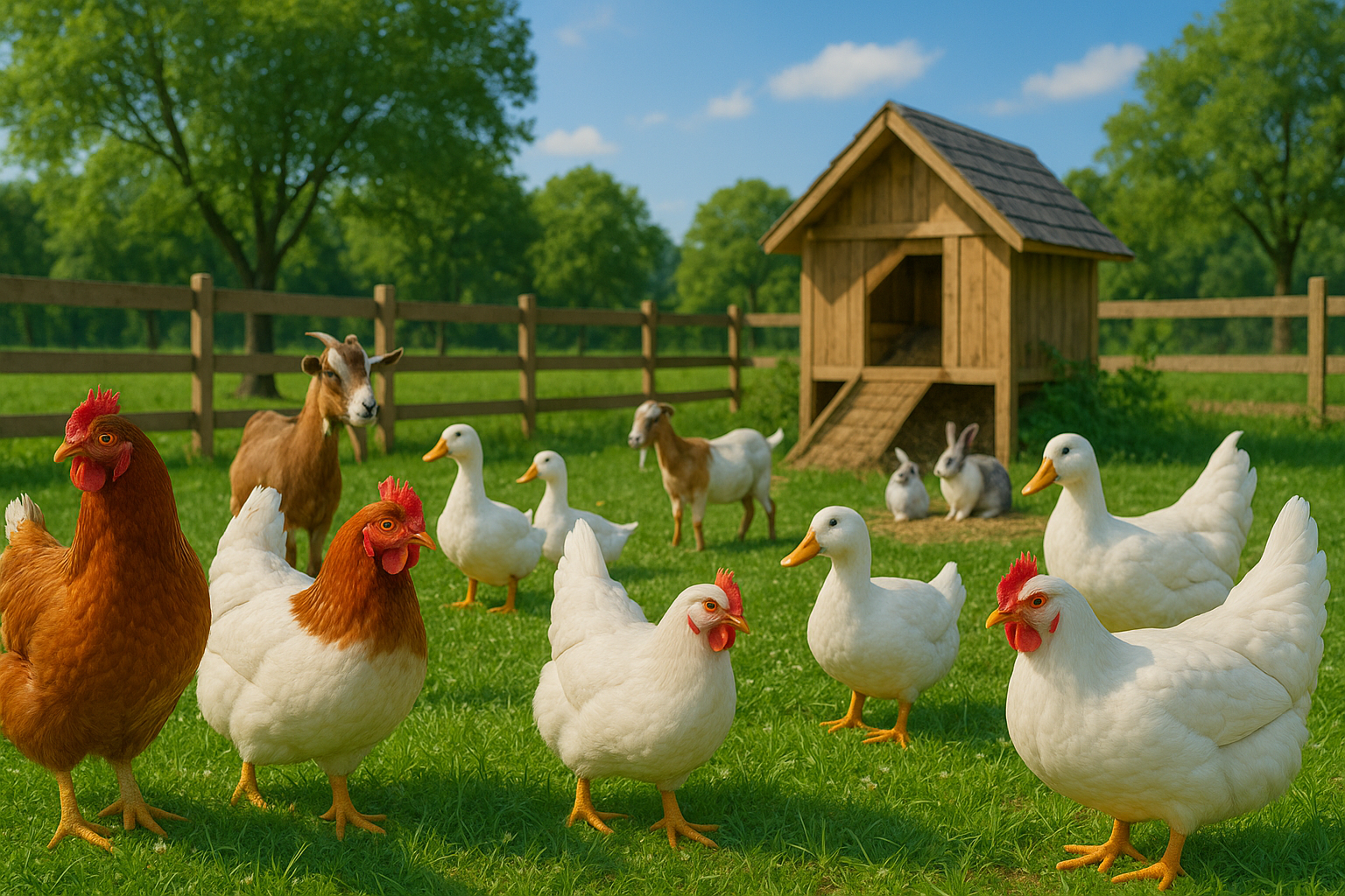 Happy red fowls and white ducks in a clean farmyard