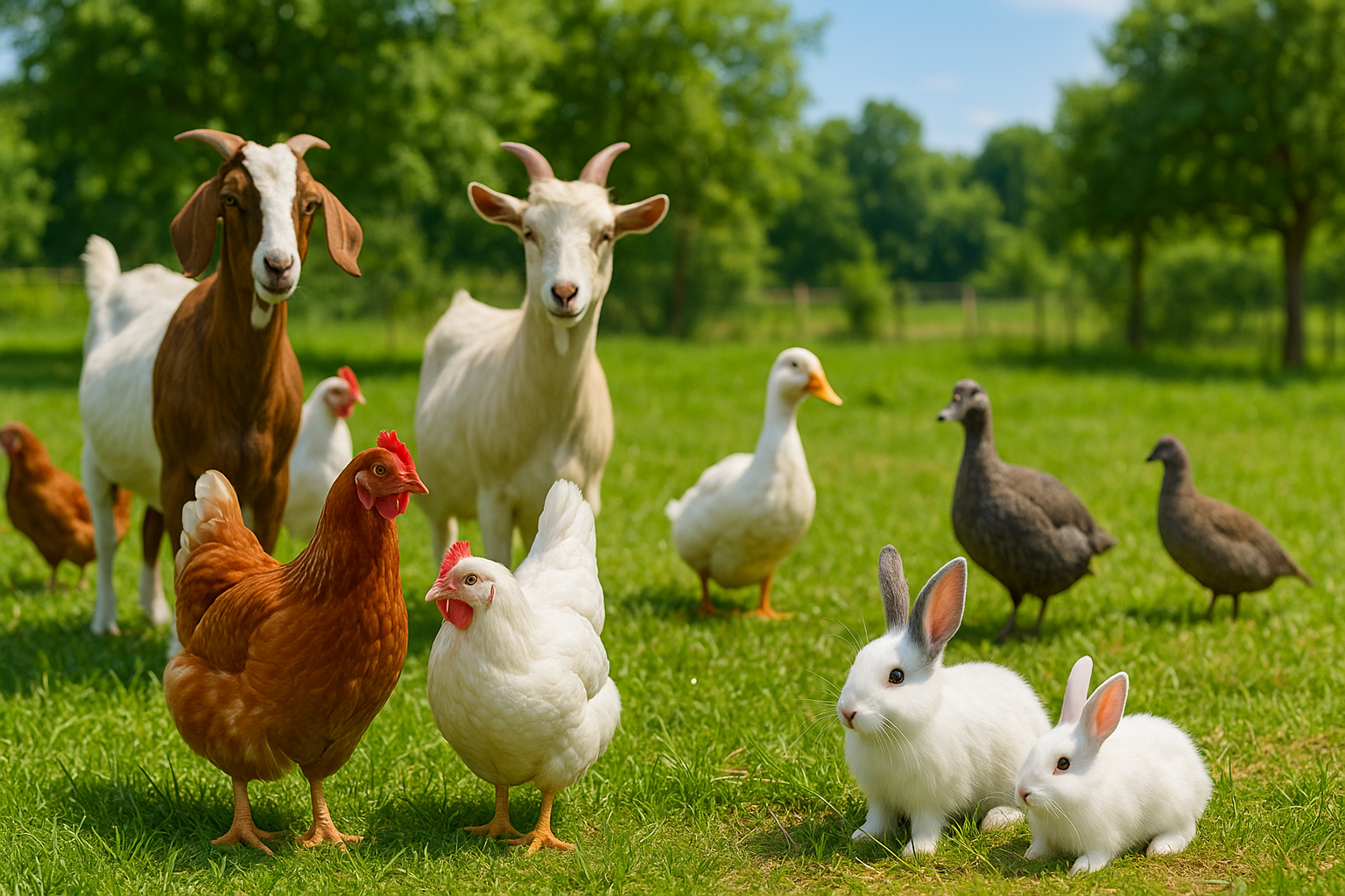 Variety of animals - red fowl, goat, rabbit, duck