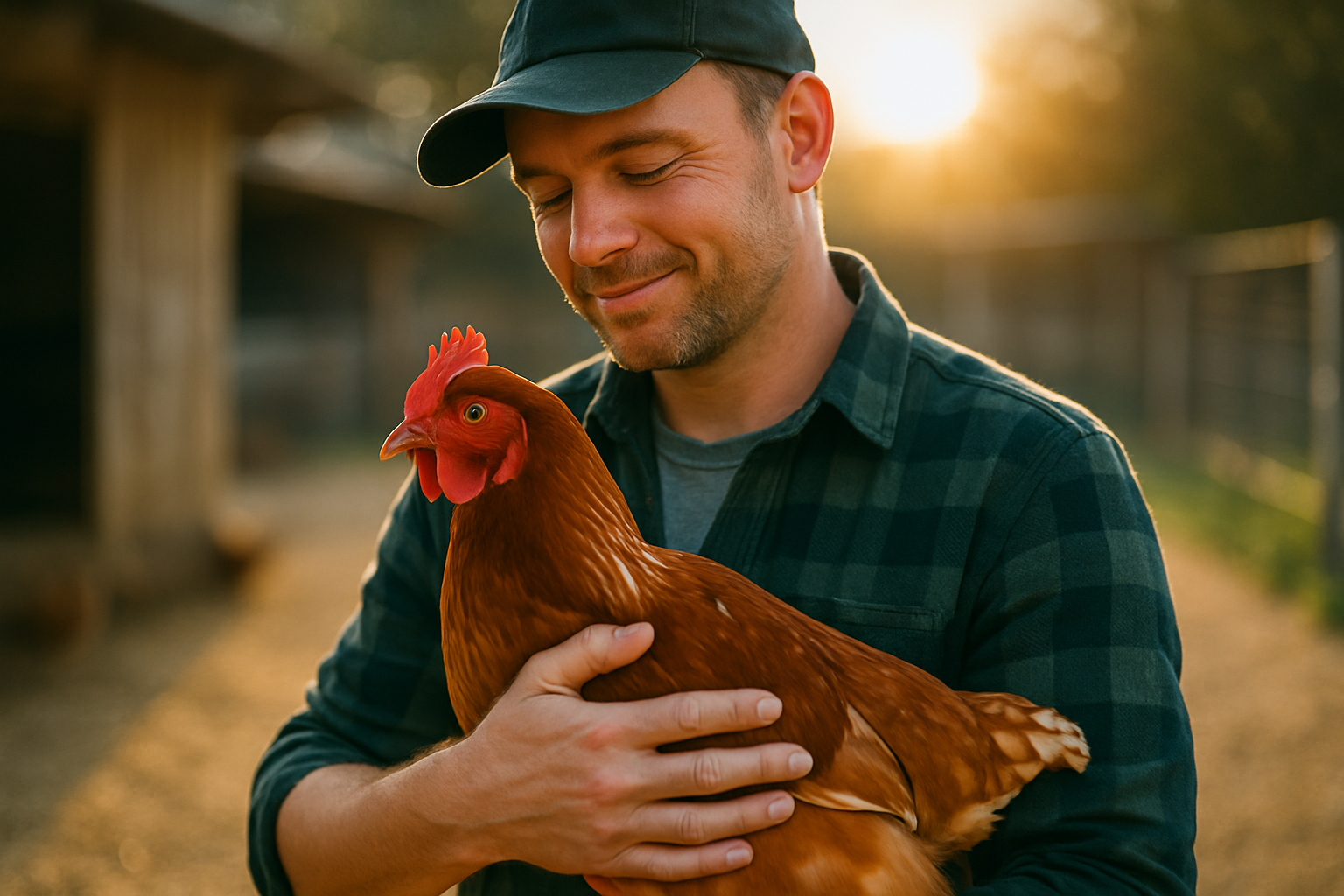 Farmer gently holding chicken, sunlight behind